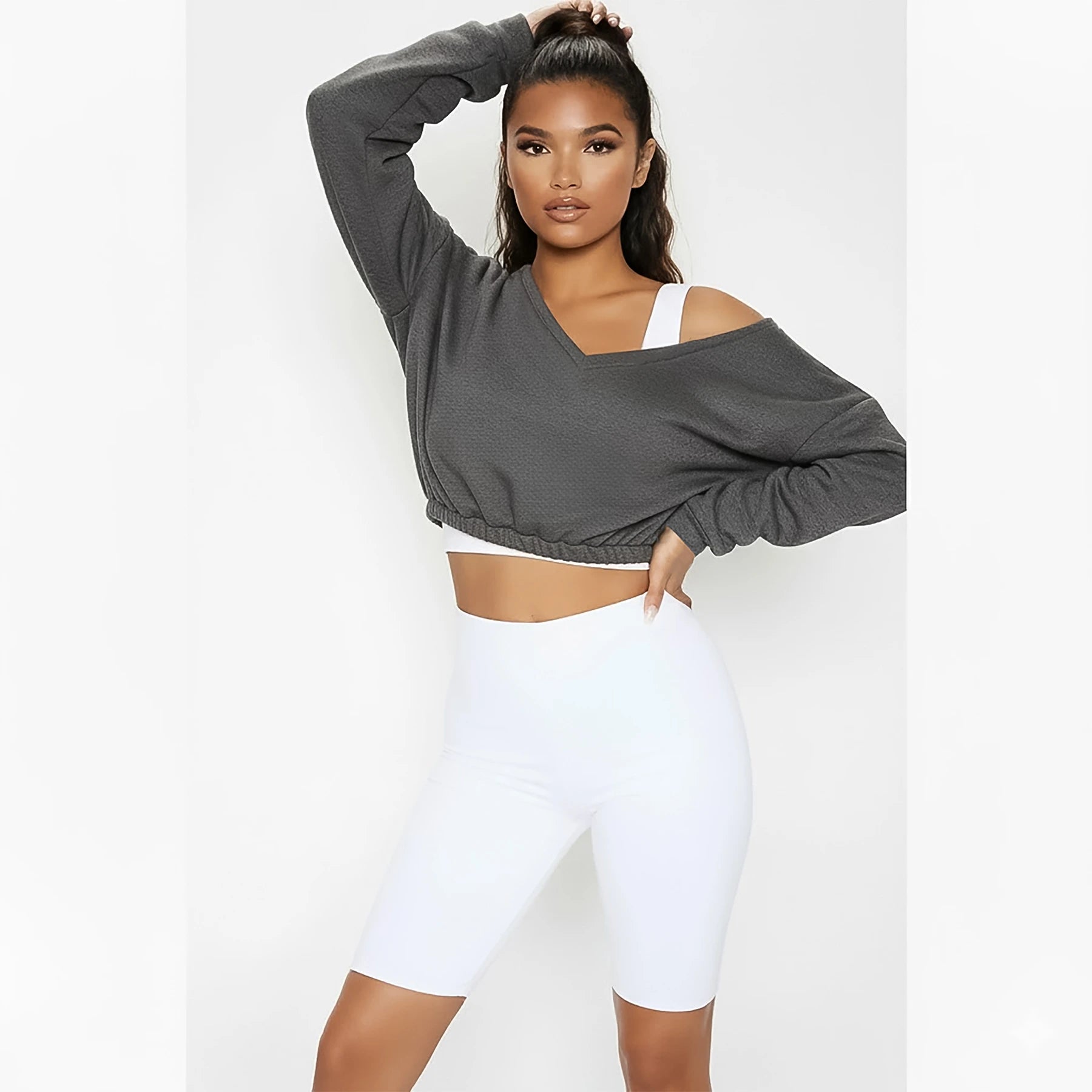 PTL Charcoal Crop Off Shoulder Sweatshirt | Montivo Pakistan