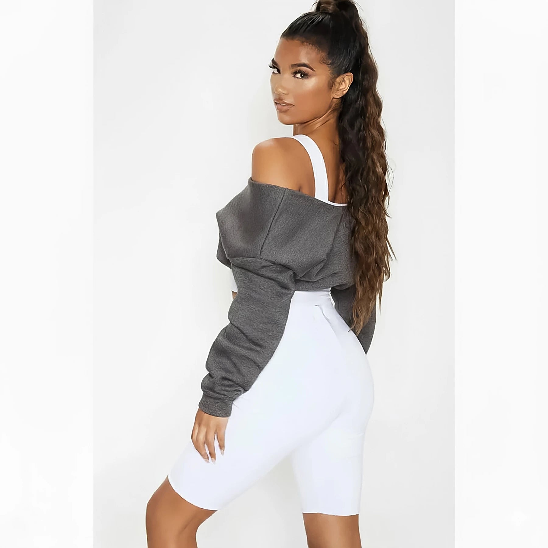 PTL Charcoal Crop Off Shoulder Sweatshirt | Montivo Pakistan