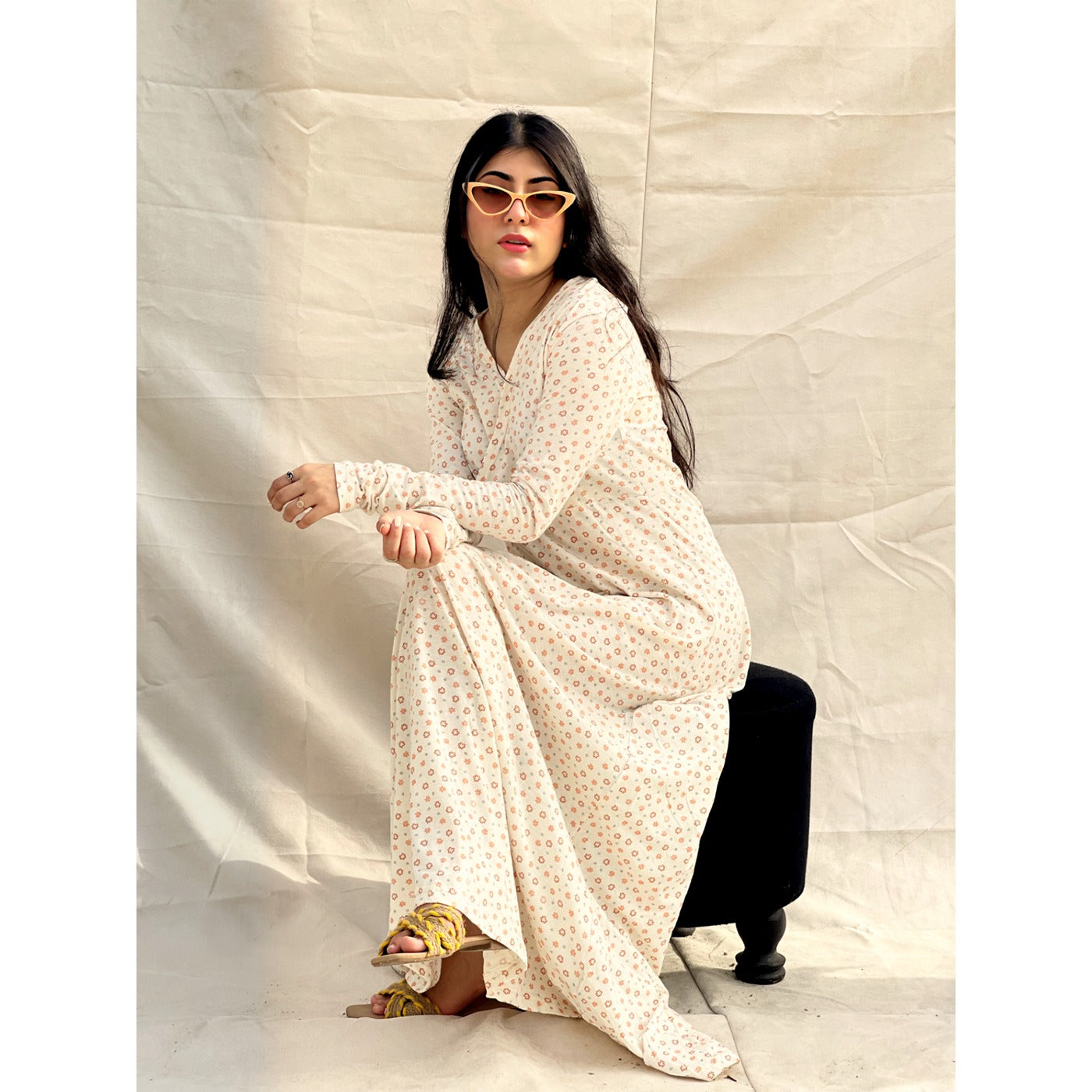 White Floral Double Breasted Long Dress | Montivo Pakistan