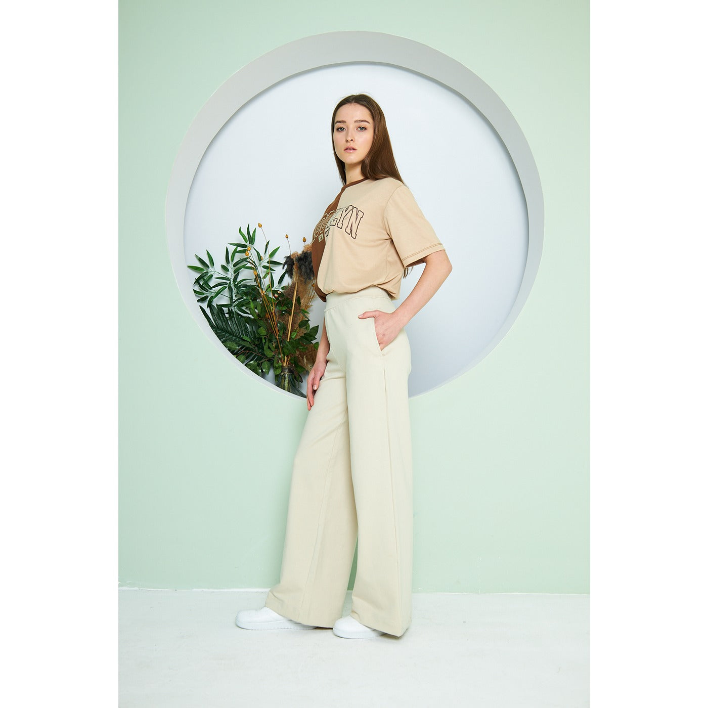 Beige Wide Leg Long Trousers | Montivo Pakistan