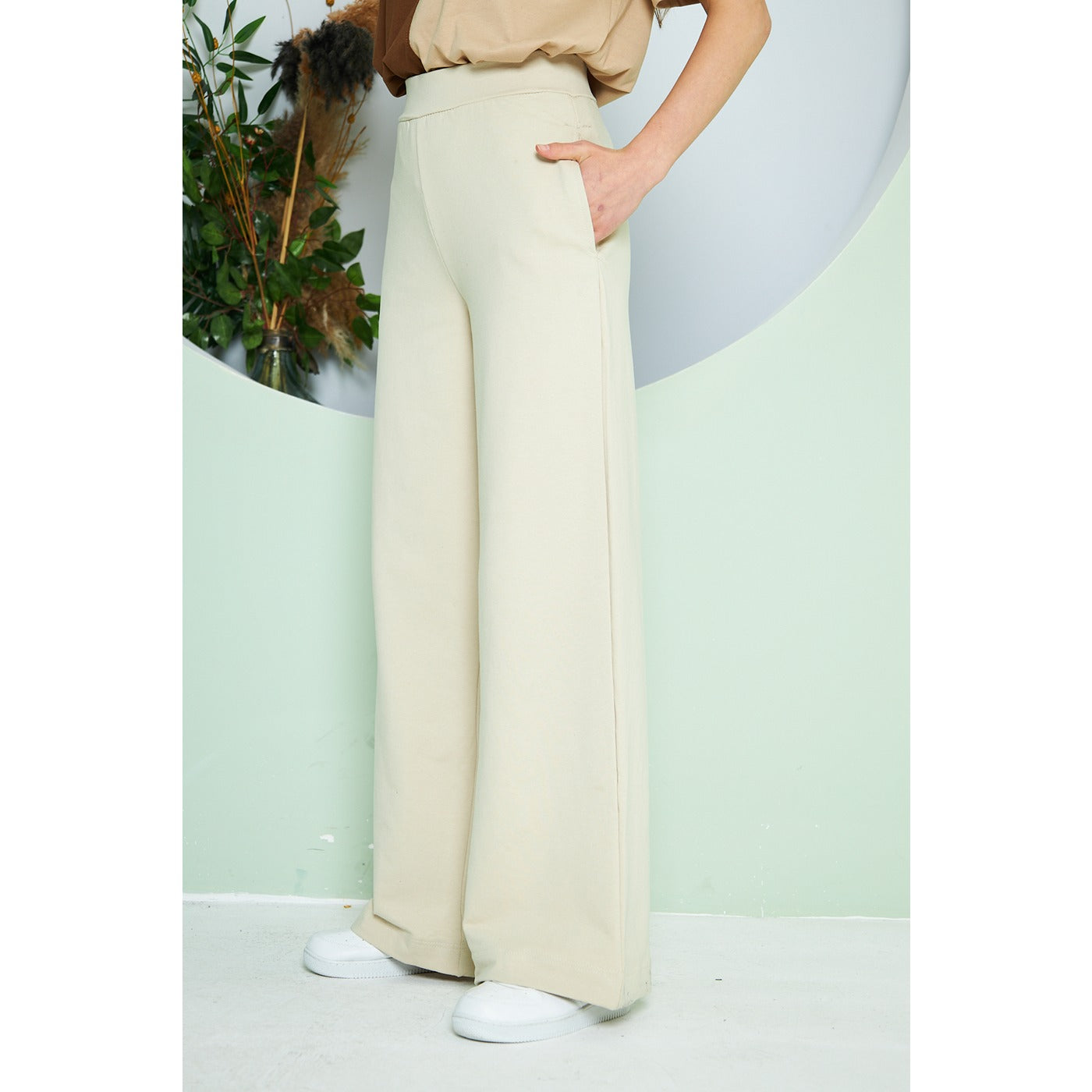 Beige Wide Leg Long Trousers | Montivo Pakistan