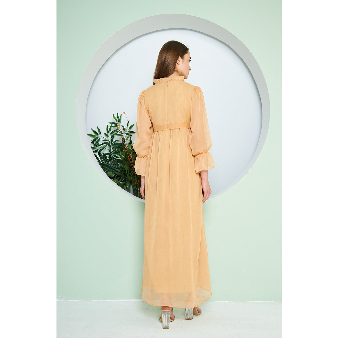 Chiffon Mustard Pleated Neck Dress | Montivo Pakistan
