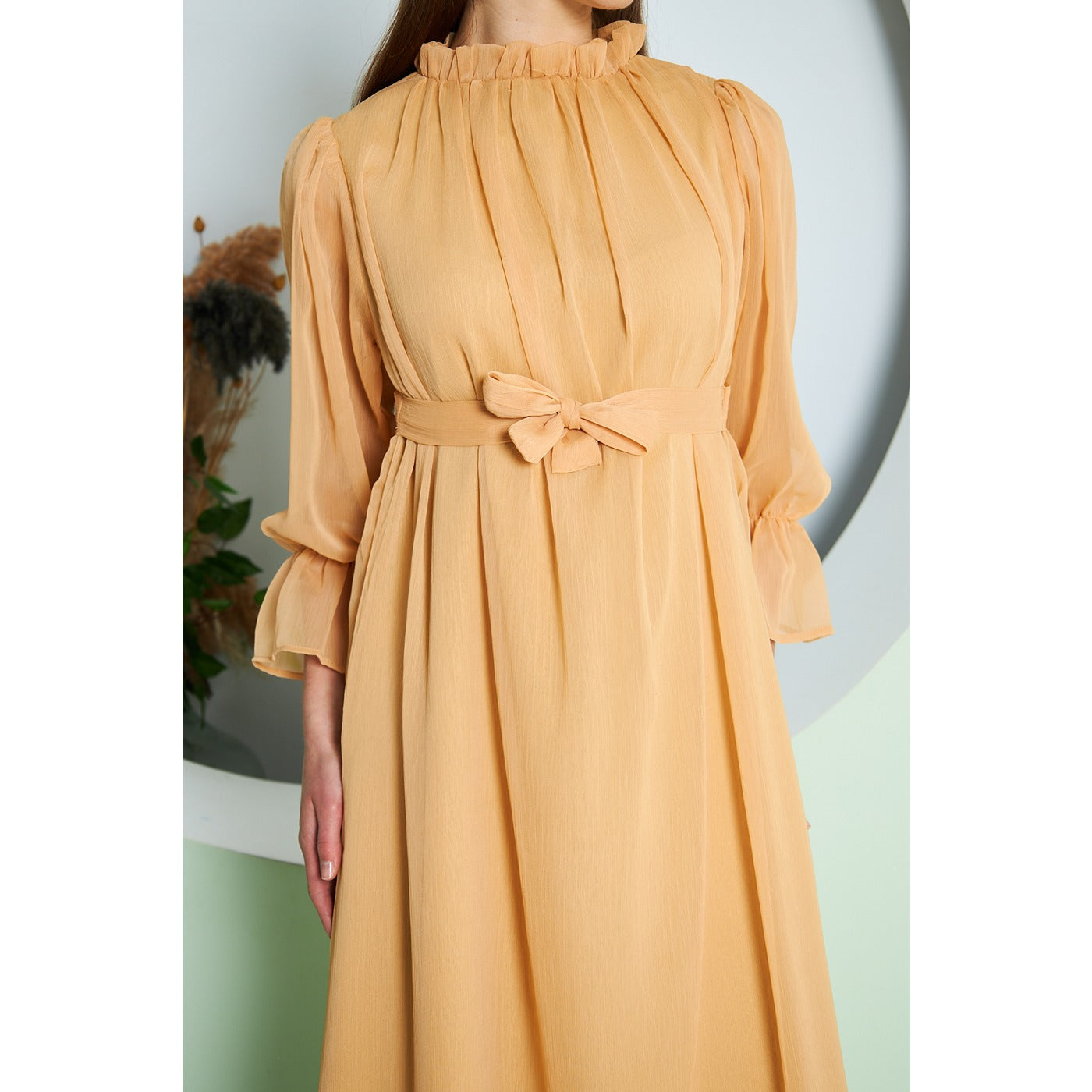 Chiffon Mustard Pleated Neck Dress | Montivo Pakistan