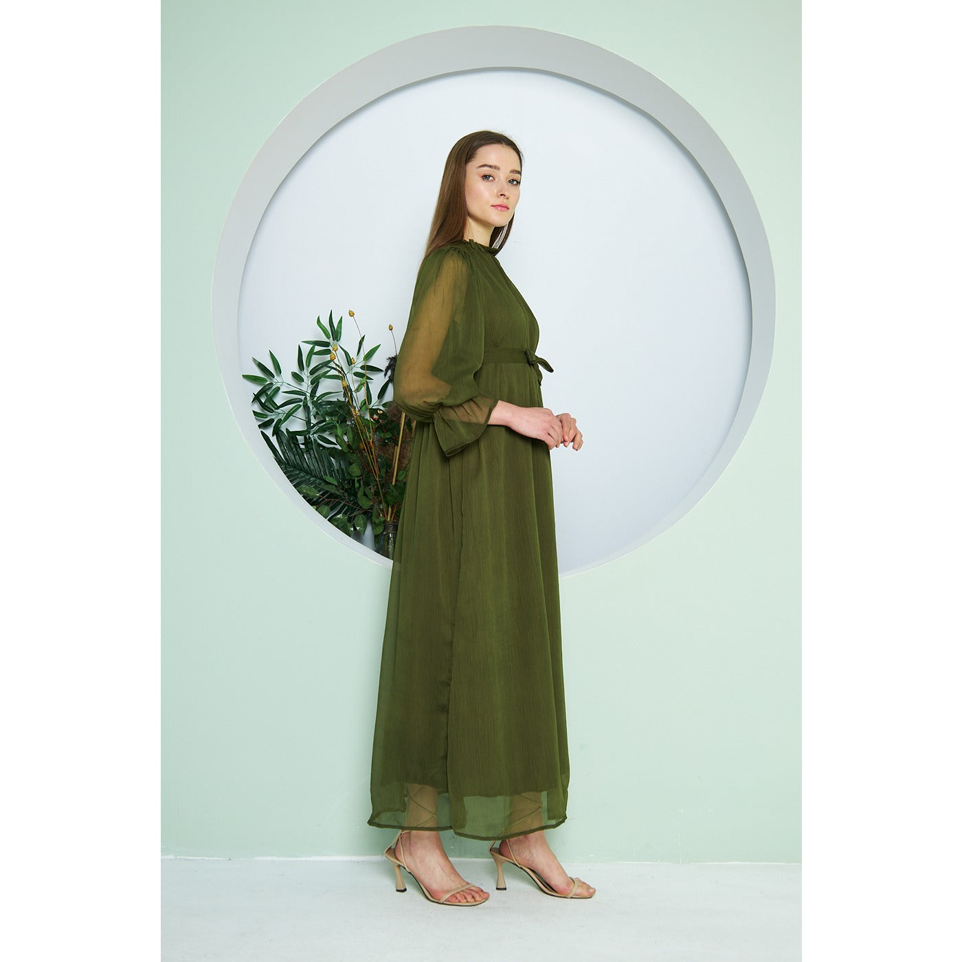 Chiffon Green Pleated Neck Dress | Montivo Pakistan