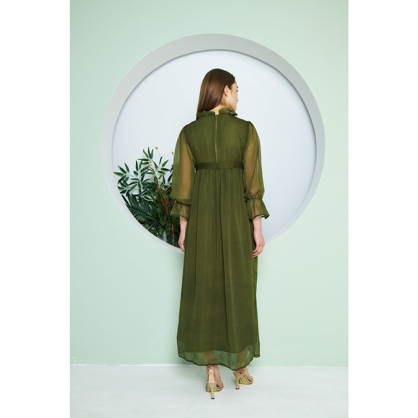 Chiffon Green Pleated Neck Dress | Montivo Pakistan