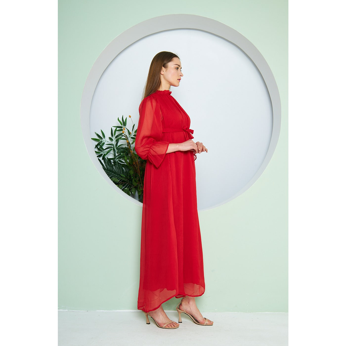 Chiffon Red Pleated Neck Dress | Montivo Pakistan