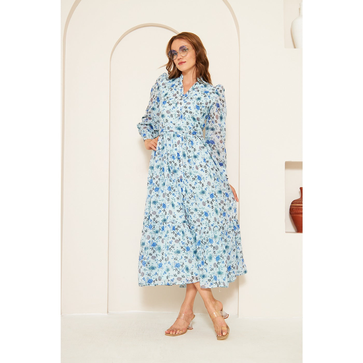 Blue Chiffon Floral Shirt Dress | Montivo Pakistan