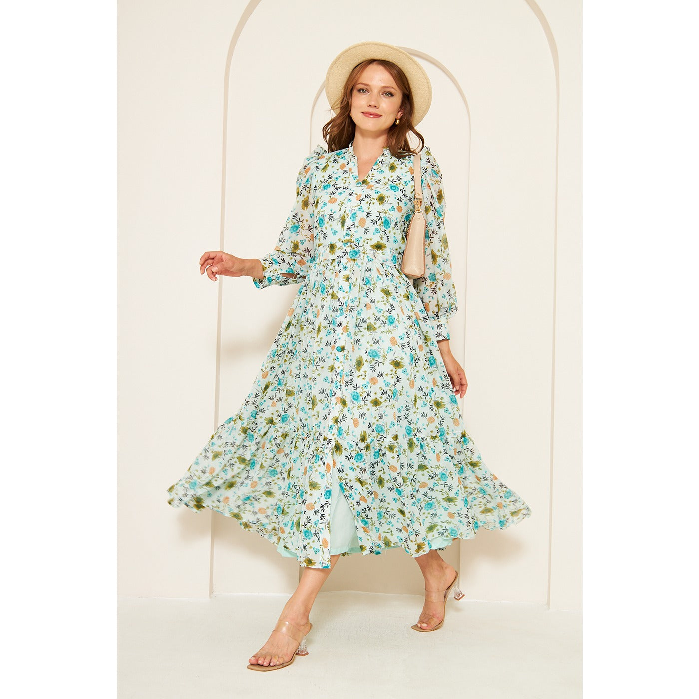 Green Chiffon Floral Shirt Dress | Montivo Pakistan