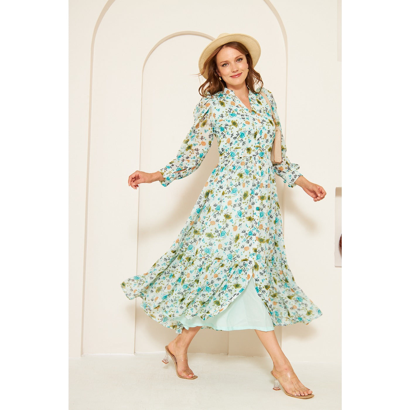 Green Chiffon Floral Shirt Dress | Montivo Pakistan