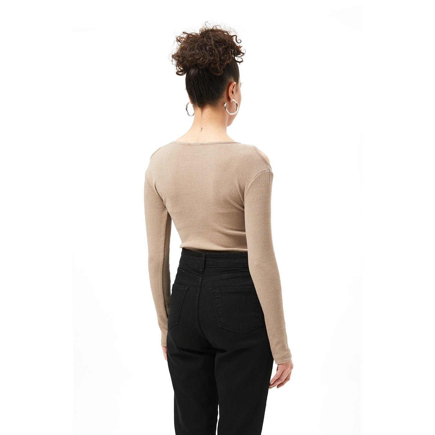 Light Brown Ribbed Shoulder Cut Top | Montivo Pakistan