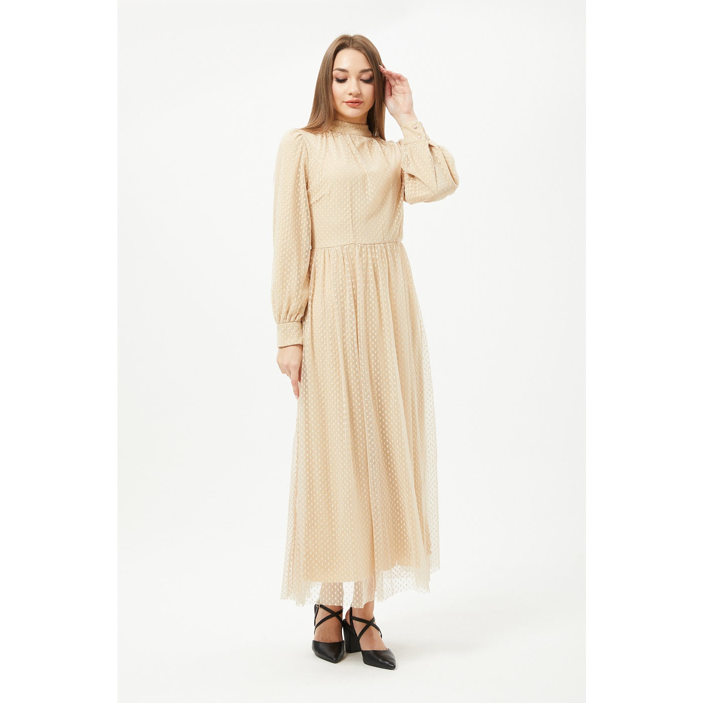 Beige Textured Chiffon Dress | Montivo Pakistan