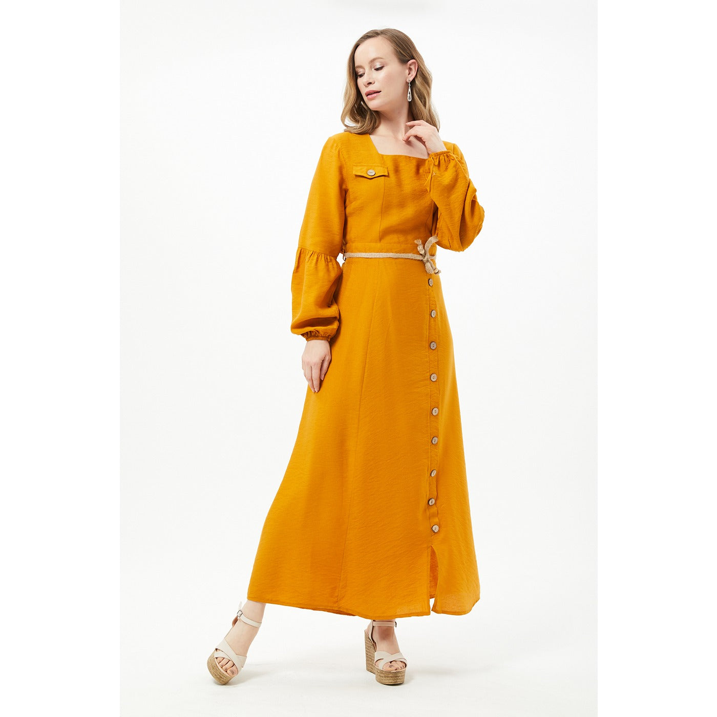 Mustard Button Detail Long Dress | Montivo Pakistan