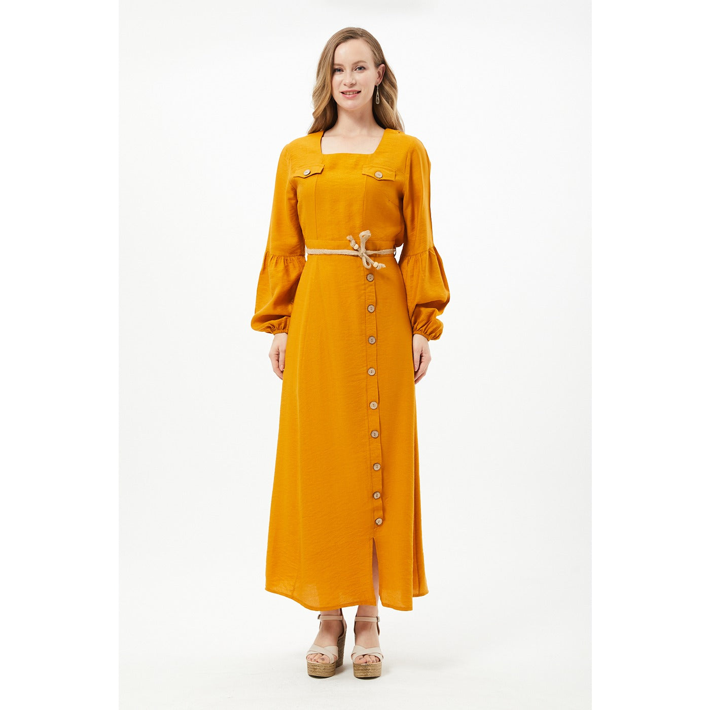 Mustard Button Detail Long Dress | Montivo Pakistan