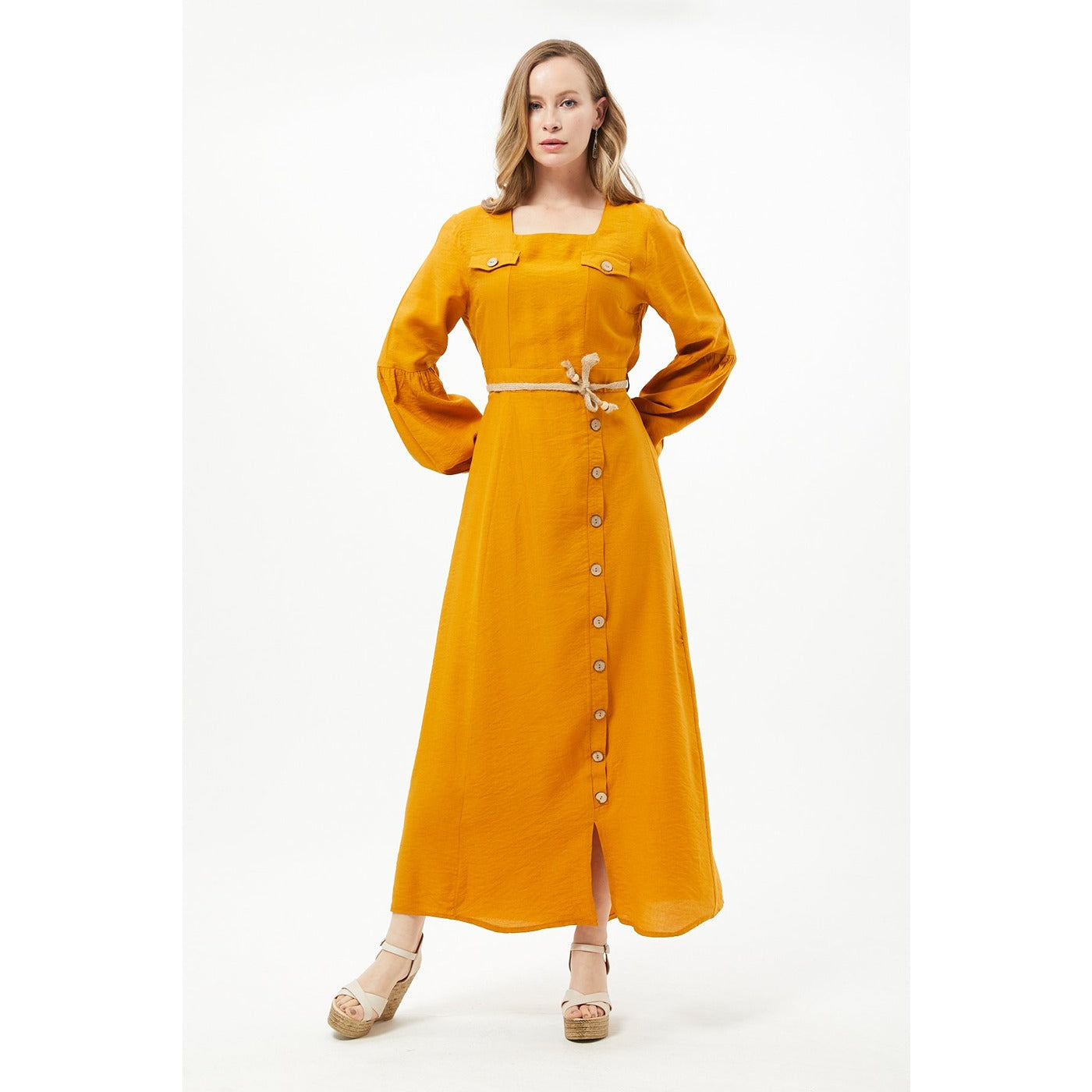 Mustard Button Detail Long Dress | Montivo Pakistan