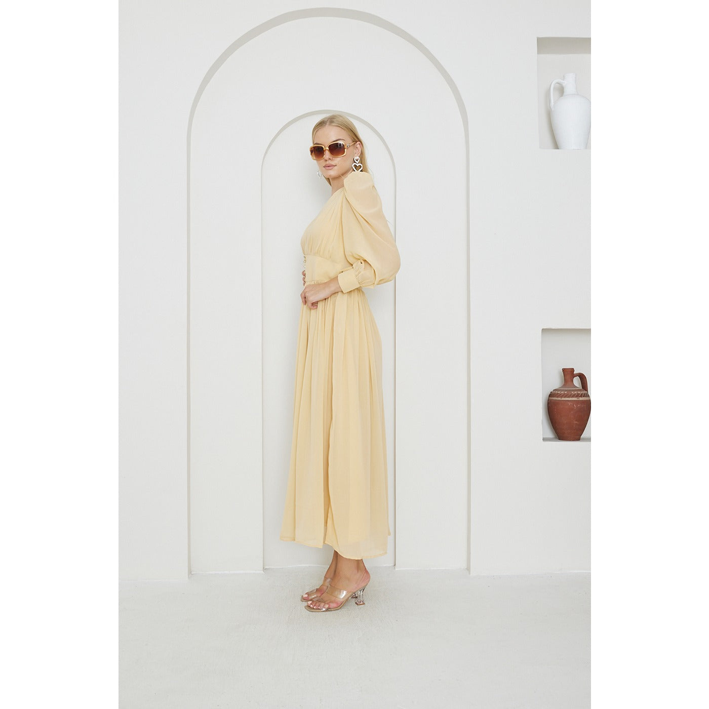 Lemon Chiffon Corset Puff Sleeves Dress | Montivo Pakistan