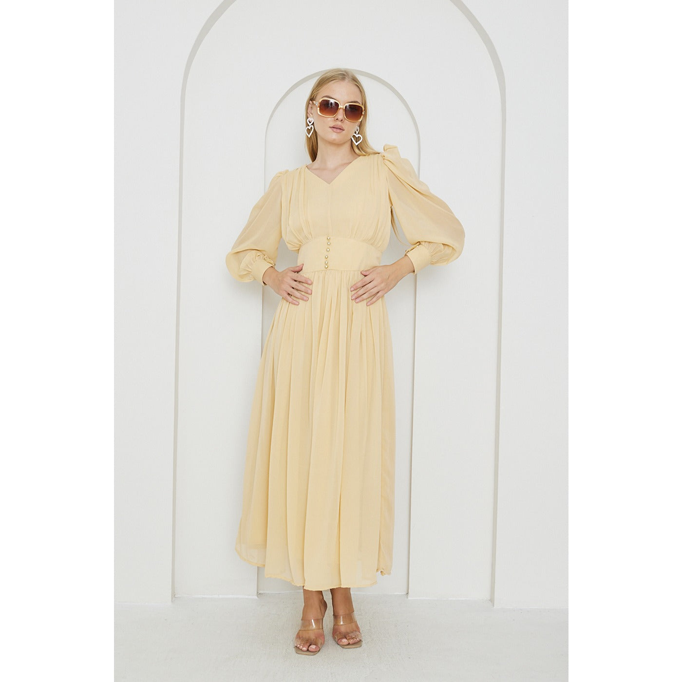 Lemon Chiffon Corset Puff Sleeves Dress | Montivo Pakistan