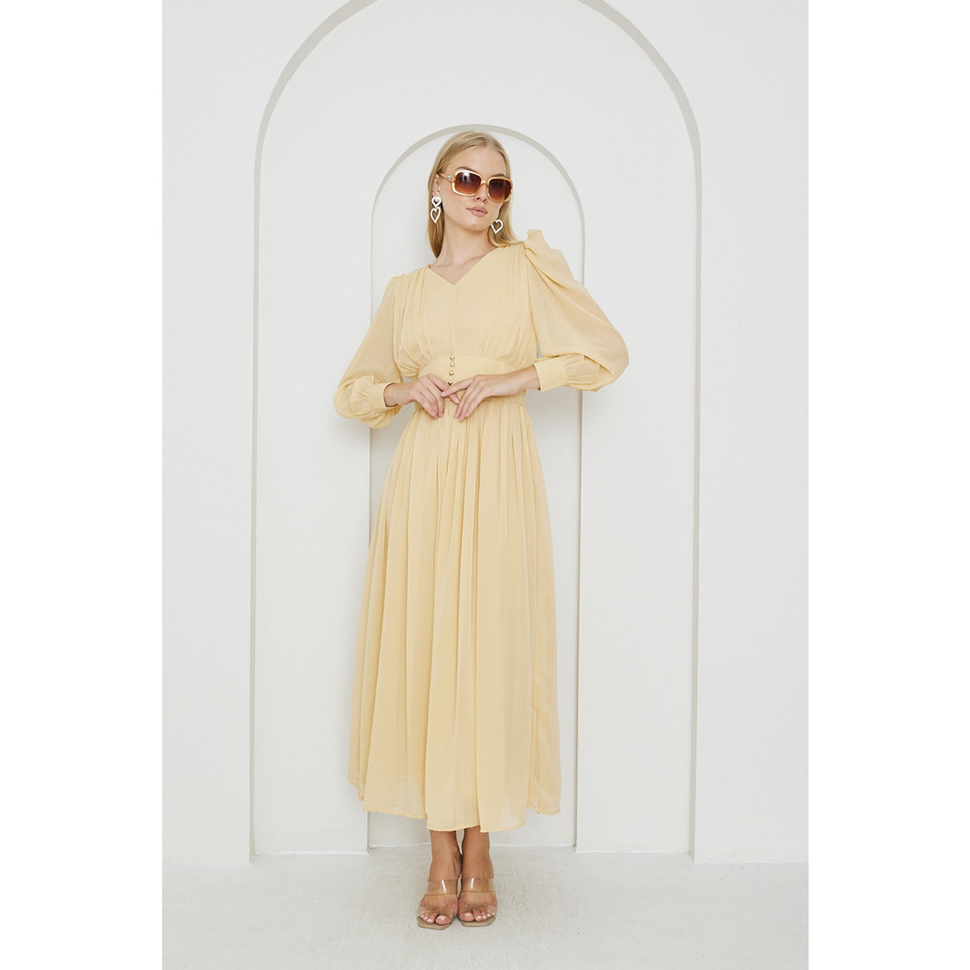 Lemon Chiffon Corset Puff Sleeves Dress | Montivo Pakistan