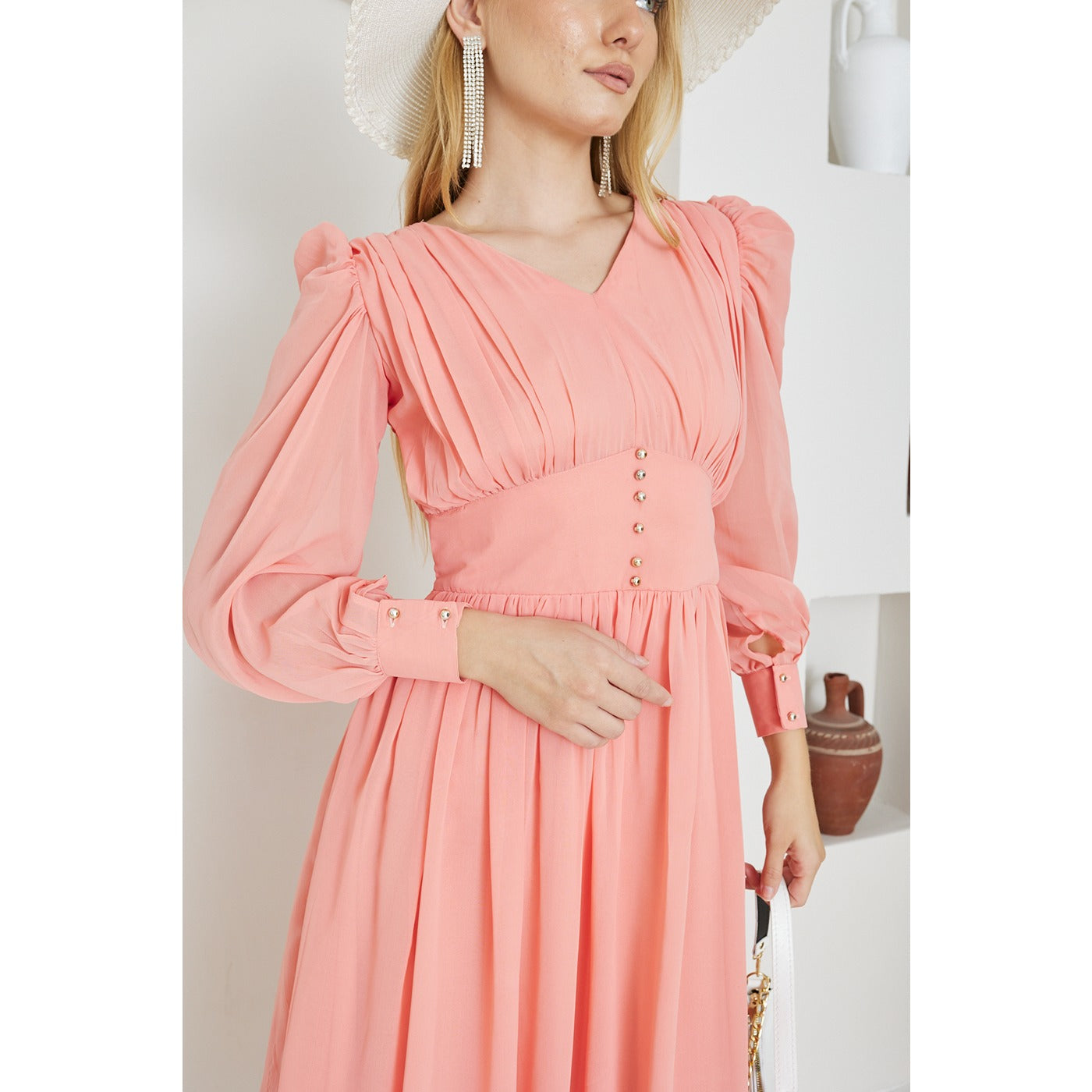 Pink Chiffon Corset Puff Sleeves Dress | Montivo Pakistan