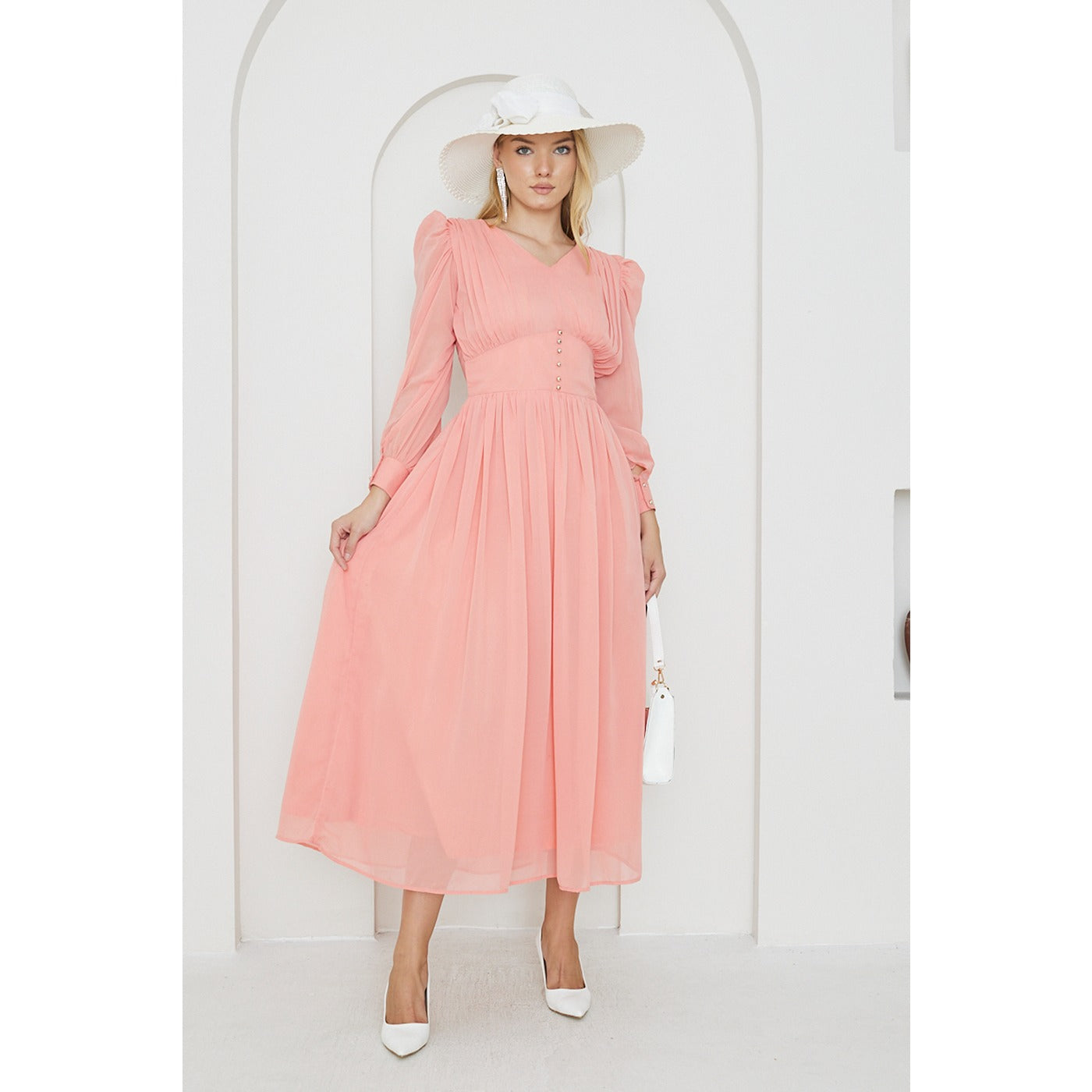 Pink Chiffon Corset Puff Sleeves Dress | Montivo Pakistan