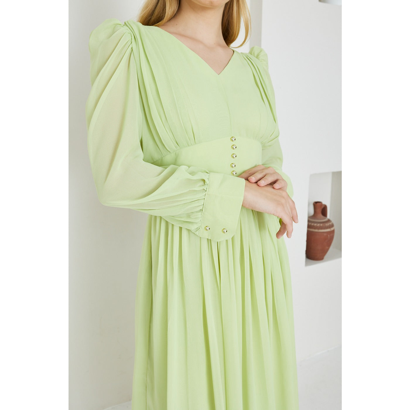 Green Chiffon Corset Puff Sleeves Dress | Montivo Pakistan