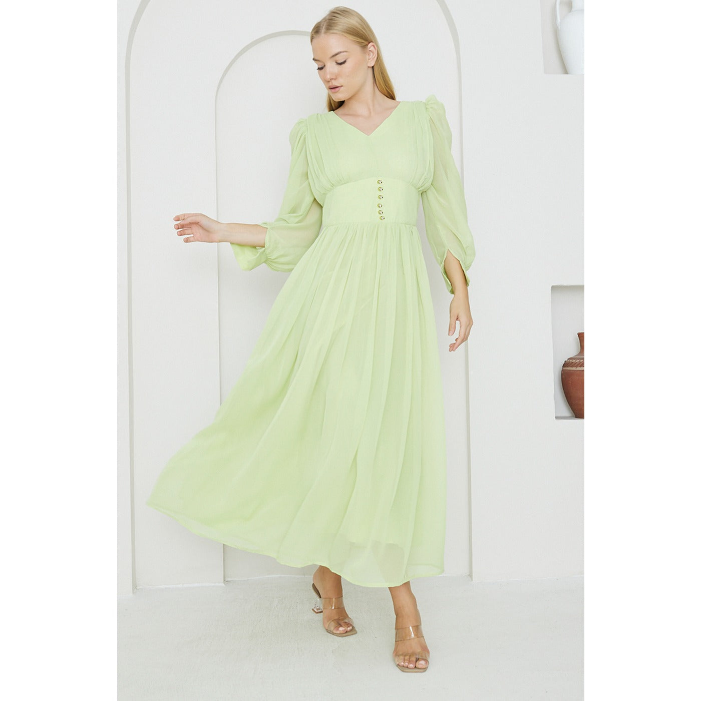 Green Chiffon Corset Puff Sleeves Dress | Montivo Pakistan
