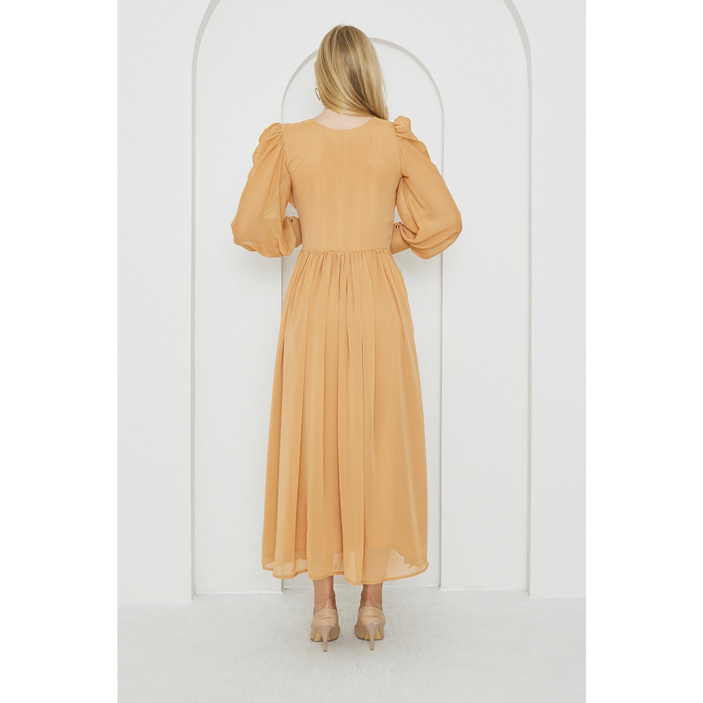 Mustard Chiffon Corset Puff Sleeves Dress | Montivo Pakistan