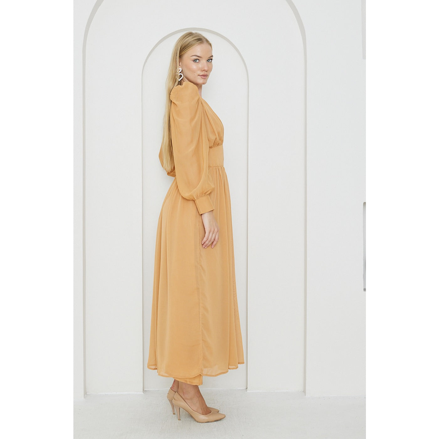 Mustard Chiffon Corset Puff Sleeves Dress | Montivo Pakistan
