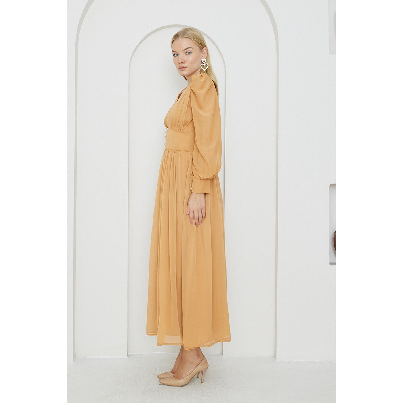 Mustard Chiffon Corset Puff Sleeves Dress | Montivo Pakistan