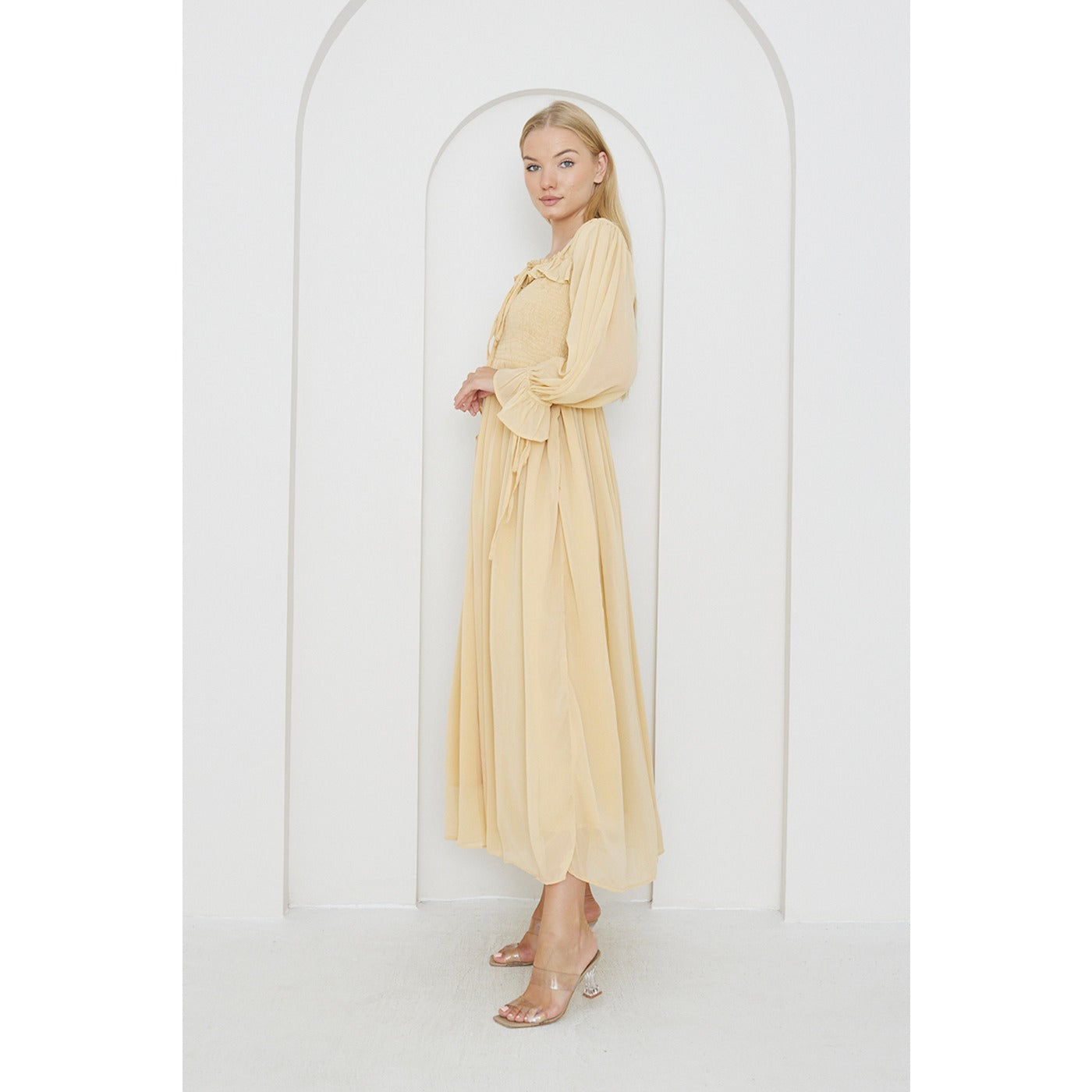 Beige Chiffon Square Collar Dress | Montivo Pakistan