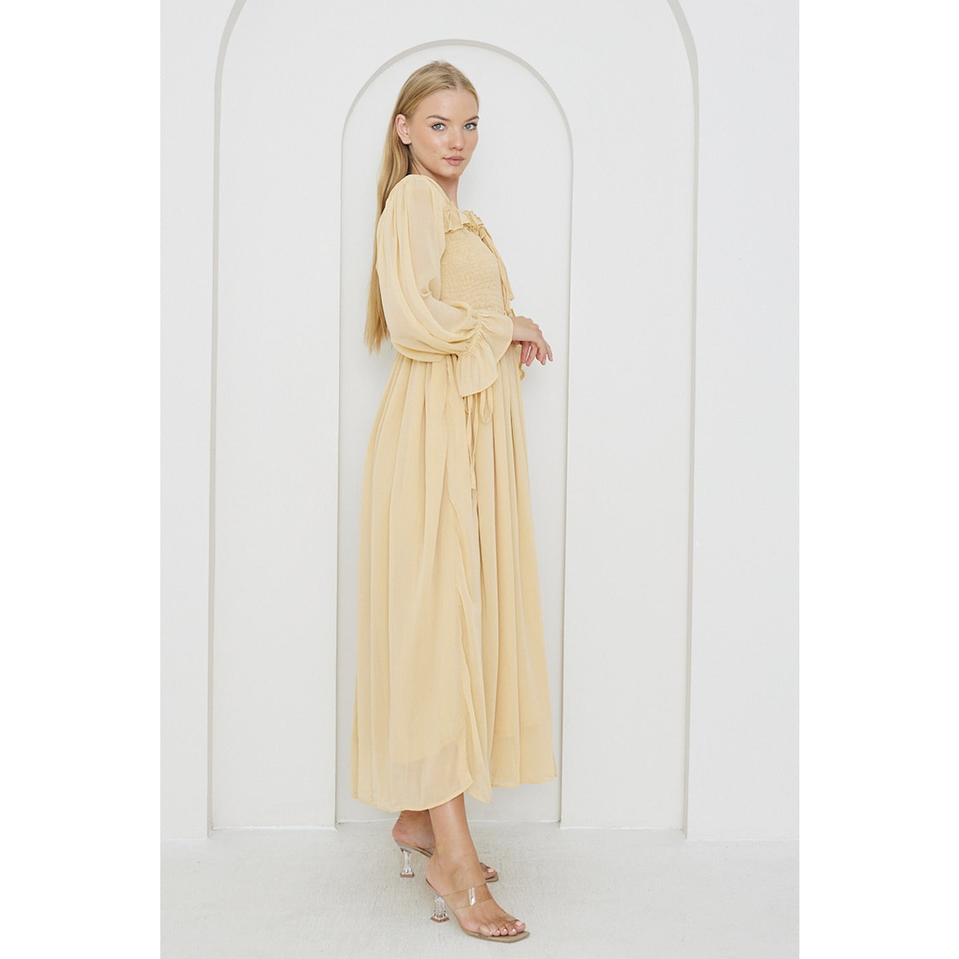 Beige Chiffon Square Collar Dress | Montivo Pakistan