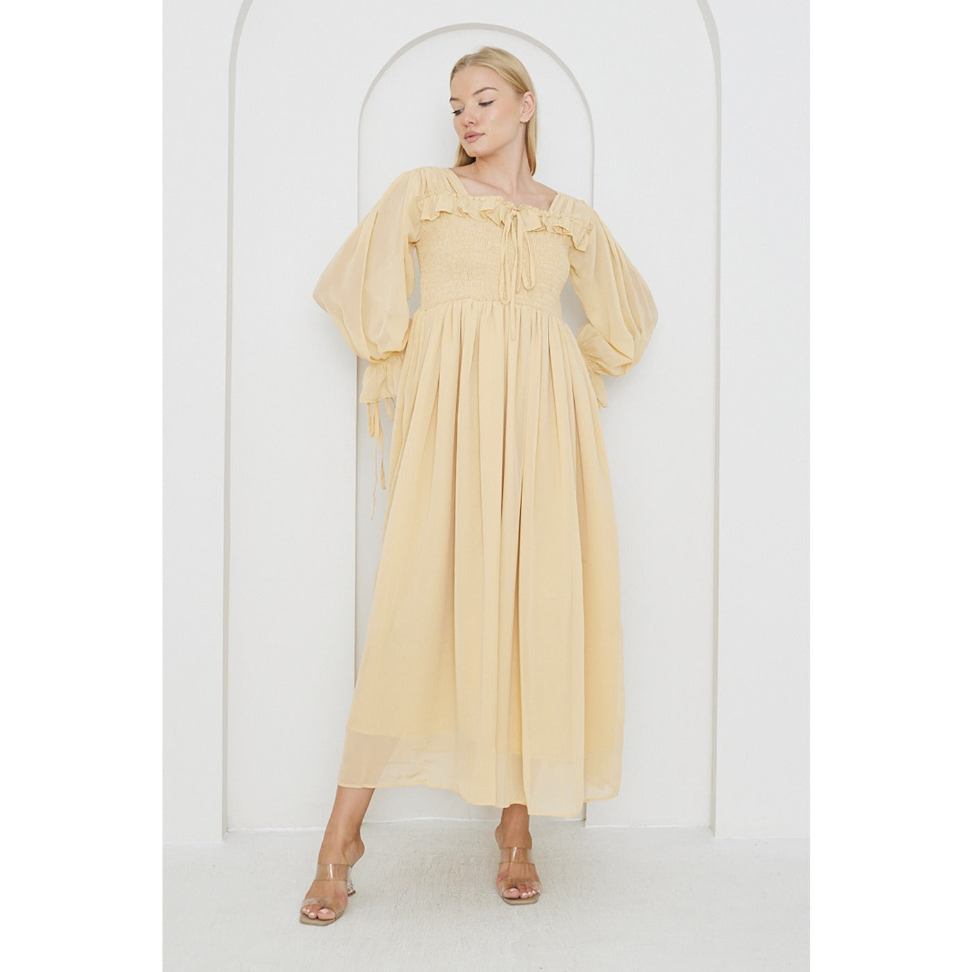 Beige Chiffon Square Collar Dress | Montivo Pakistan