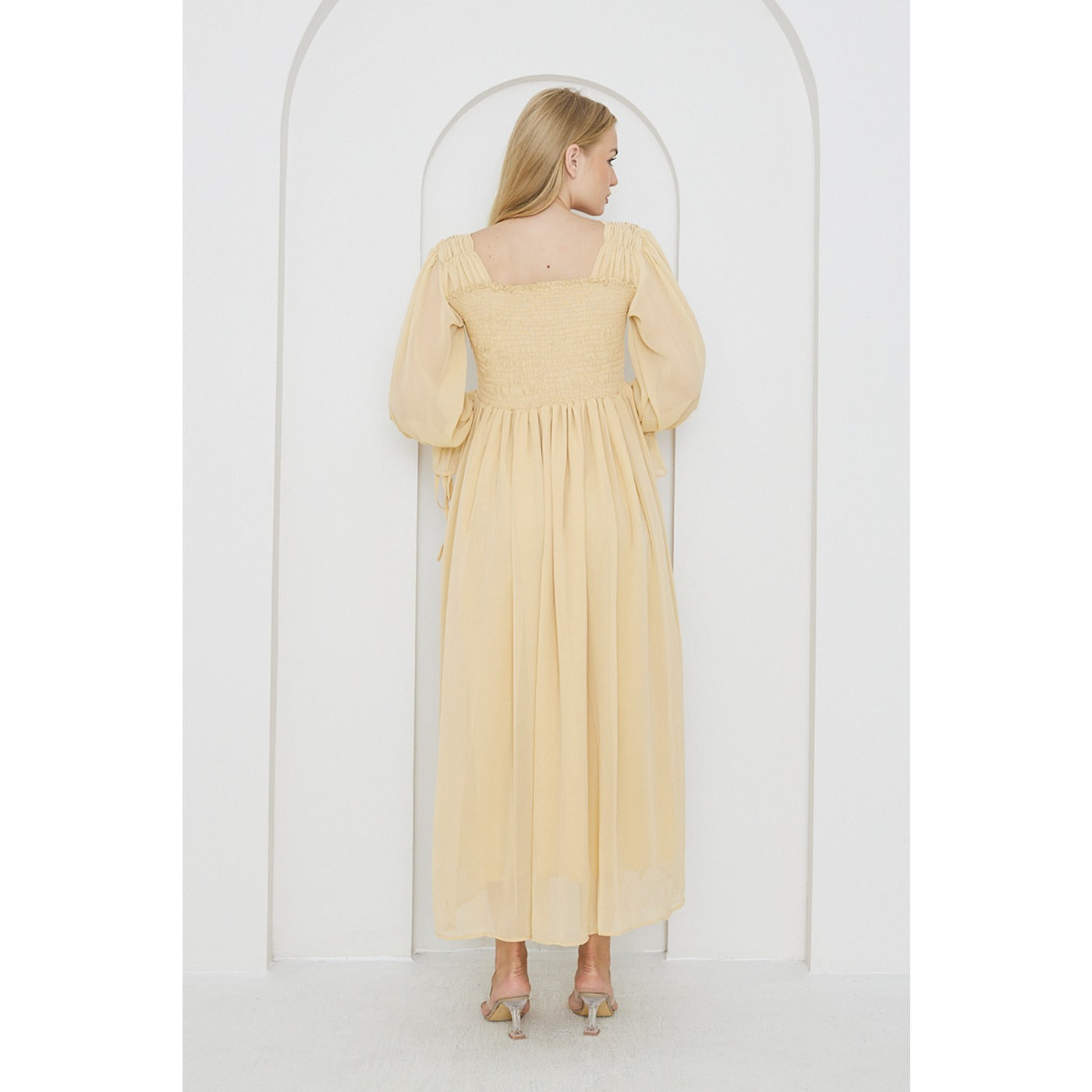 Beige Chiffon Square Collar Dress | Montivo Pakistan