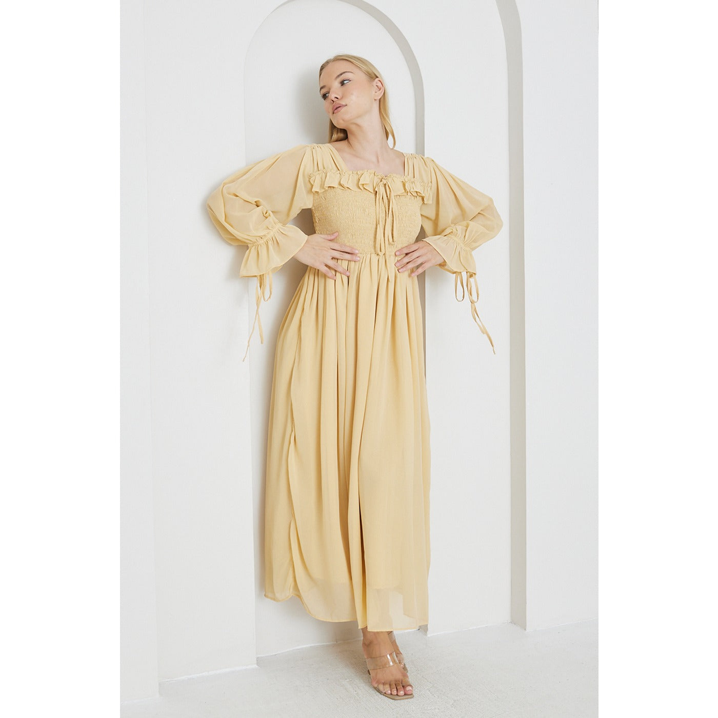 Beige Chiffon Square Collar Dress | Montivo Pakistan