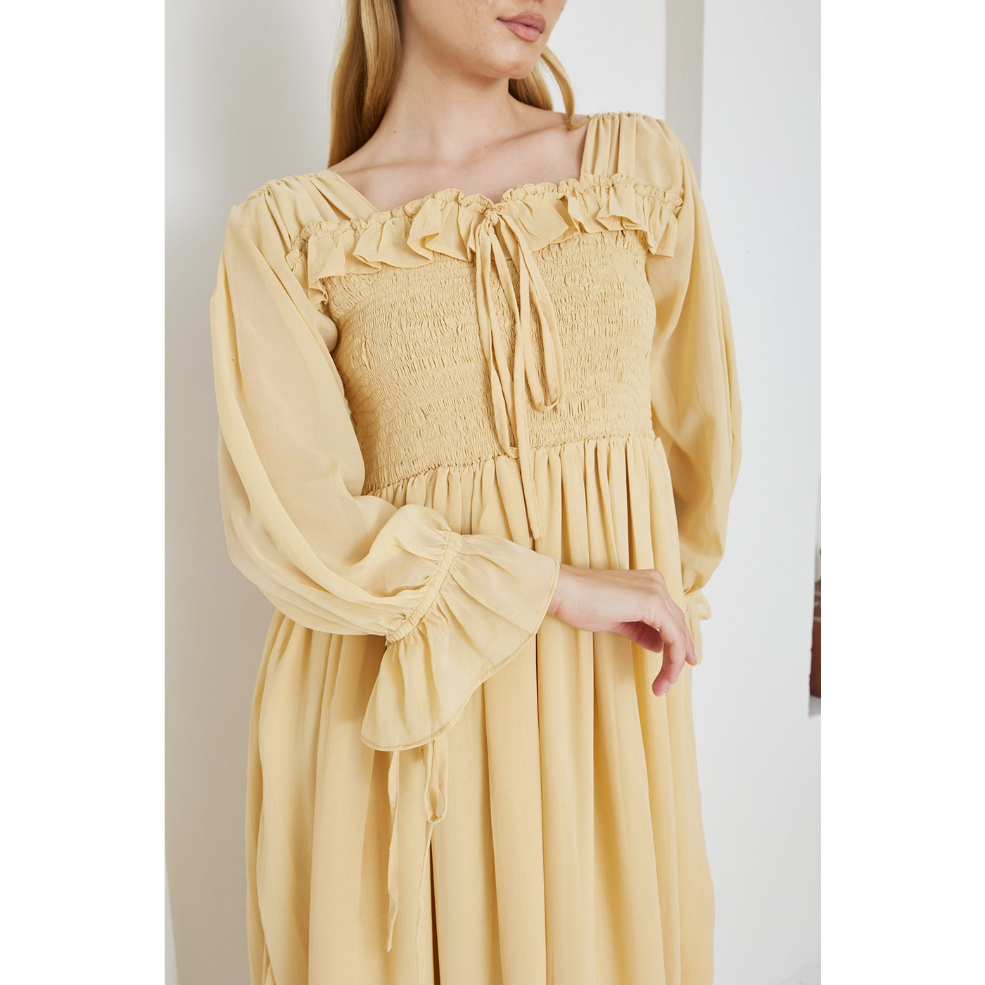 Beige Chiffon Square Collar Dress | Montivo Pakistan