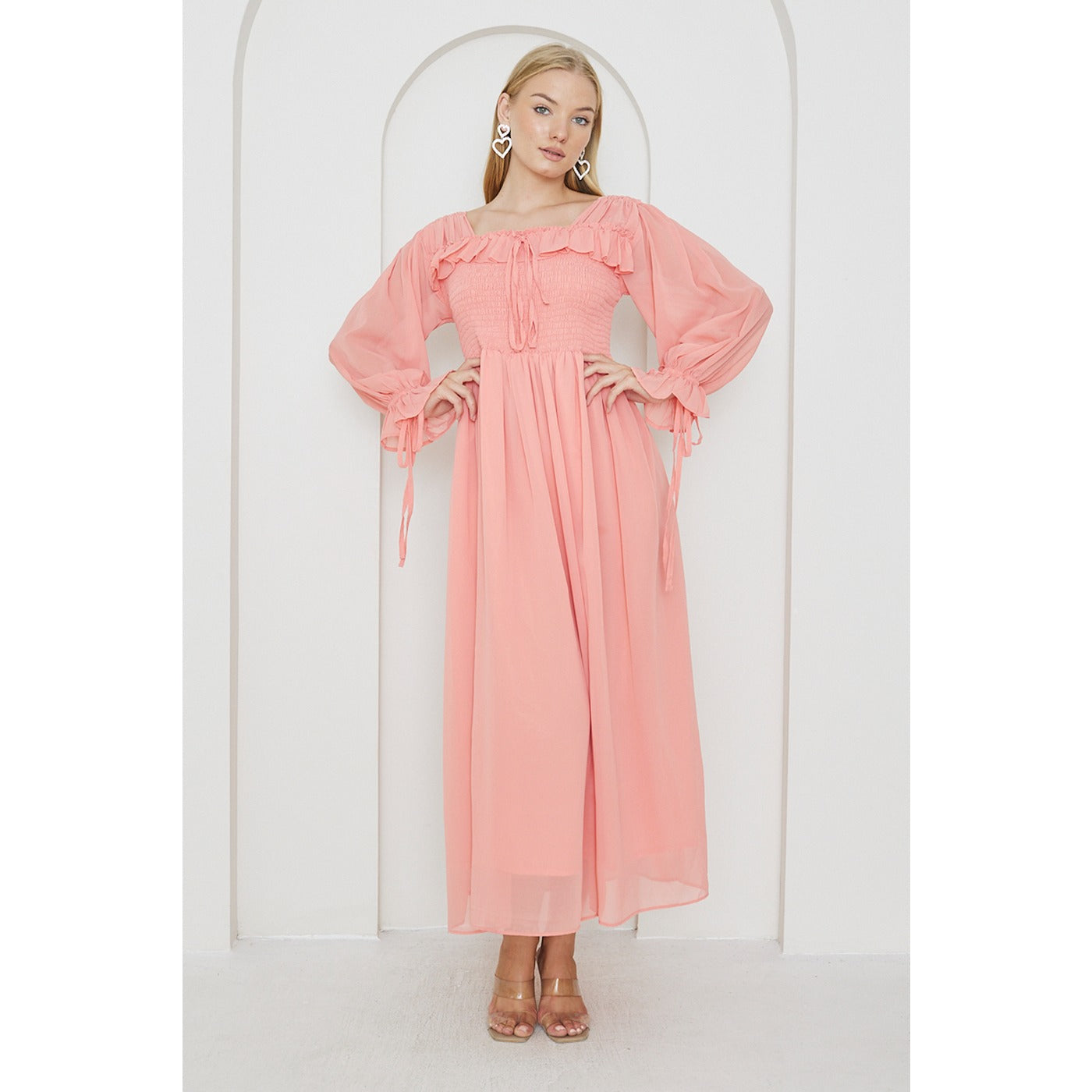 Pink Chiffon Square Collar Dress | Montivo Pakistan