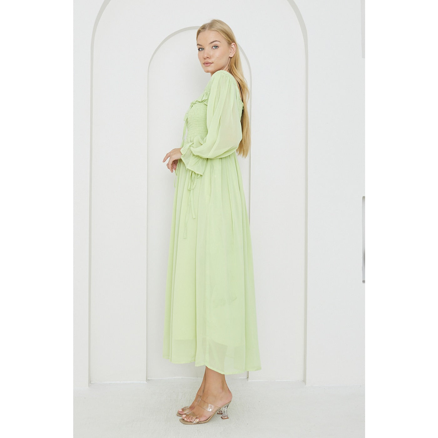 Green Chiffon Square Collar Dress | Montivo Pakistan