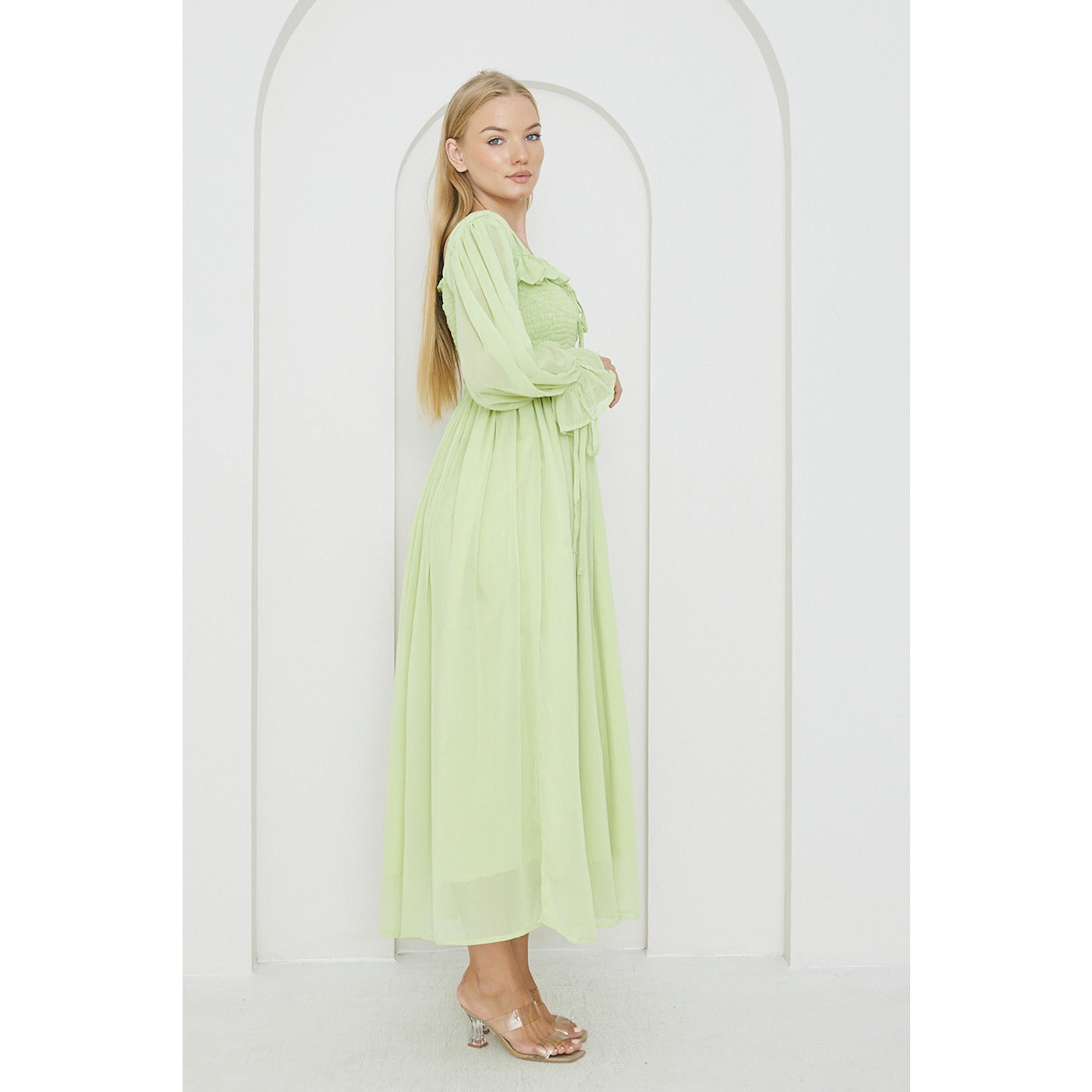 Green Chiffon Square Collar Dress | Montivo Pakistan