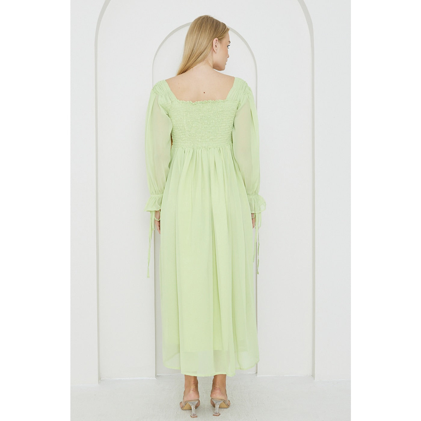 Green Chiffon Square Collar Dress | Montivo Pakistan