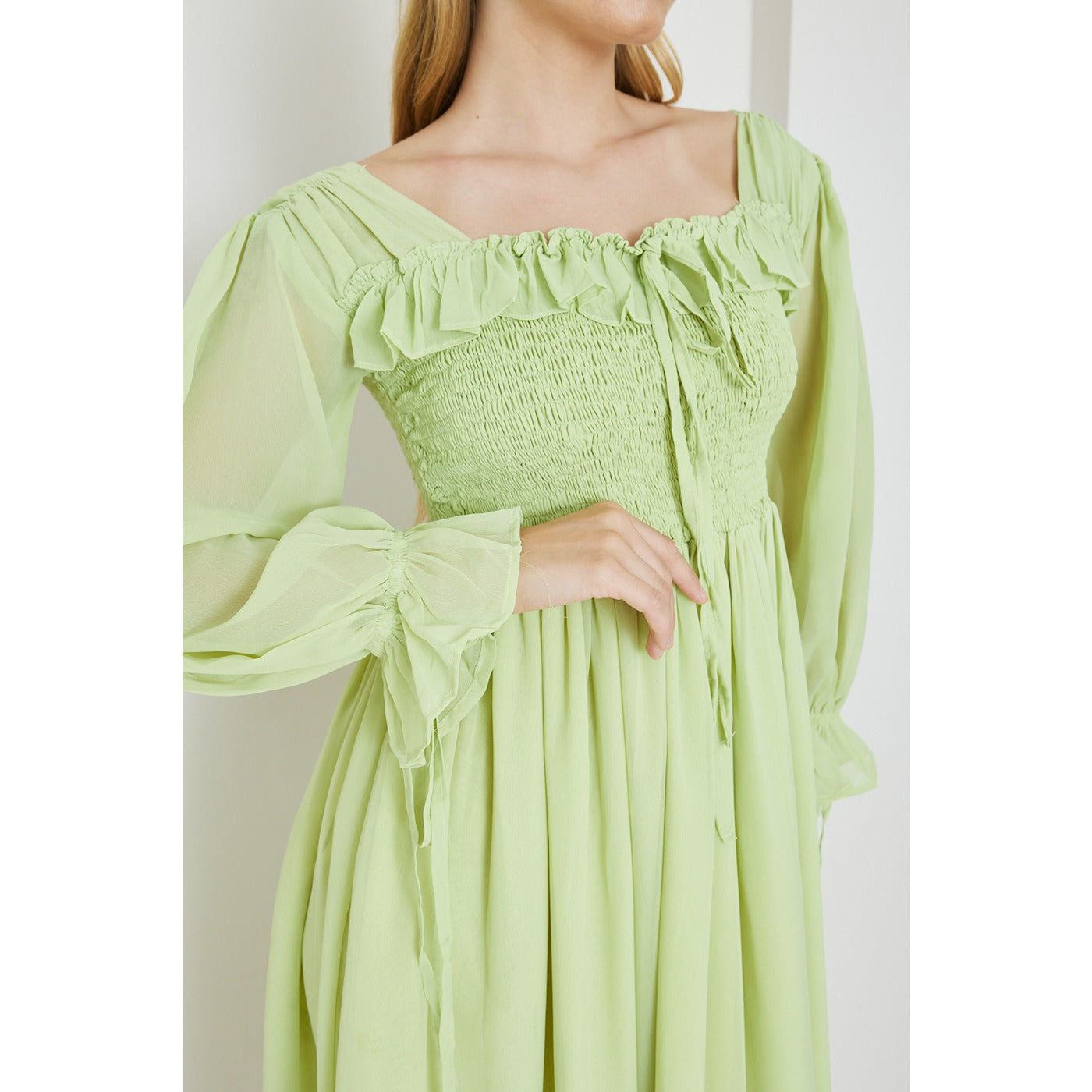 Green Chiffon Square Collar Dress | Montivo Pakistan