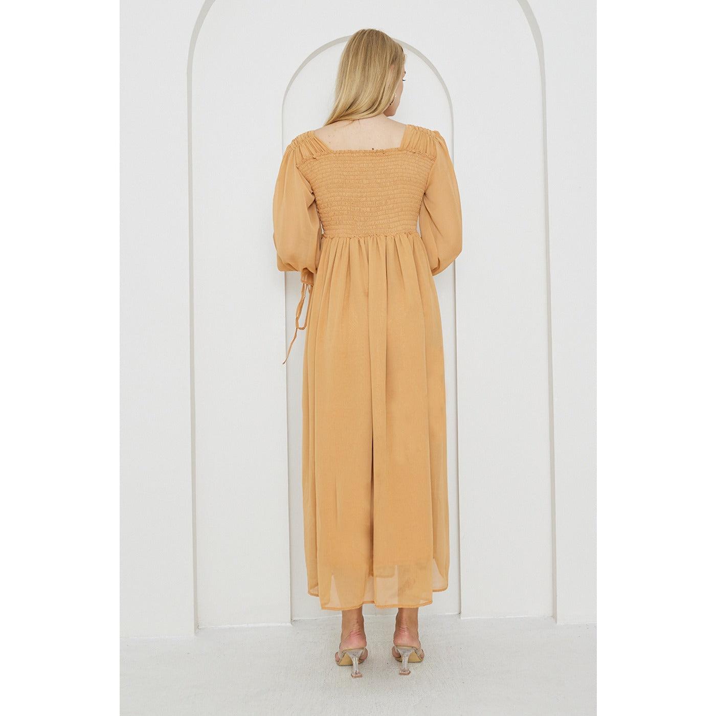 Mustard Chiffon Square Collar Dress | Montivo Pakistan