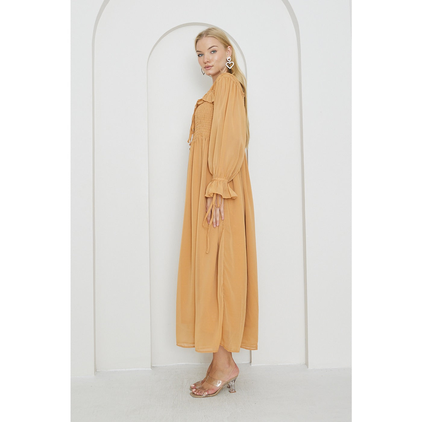 Mustard Chiffon Square Collar Dress | Montivo Pakistan