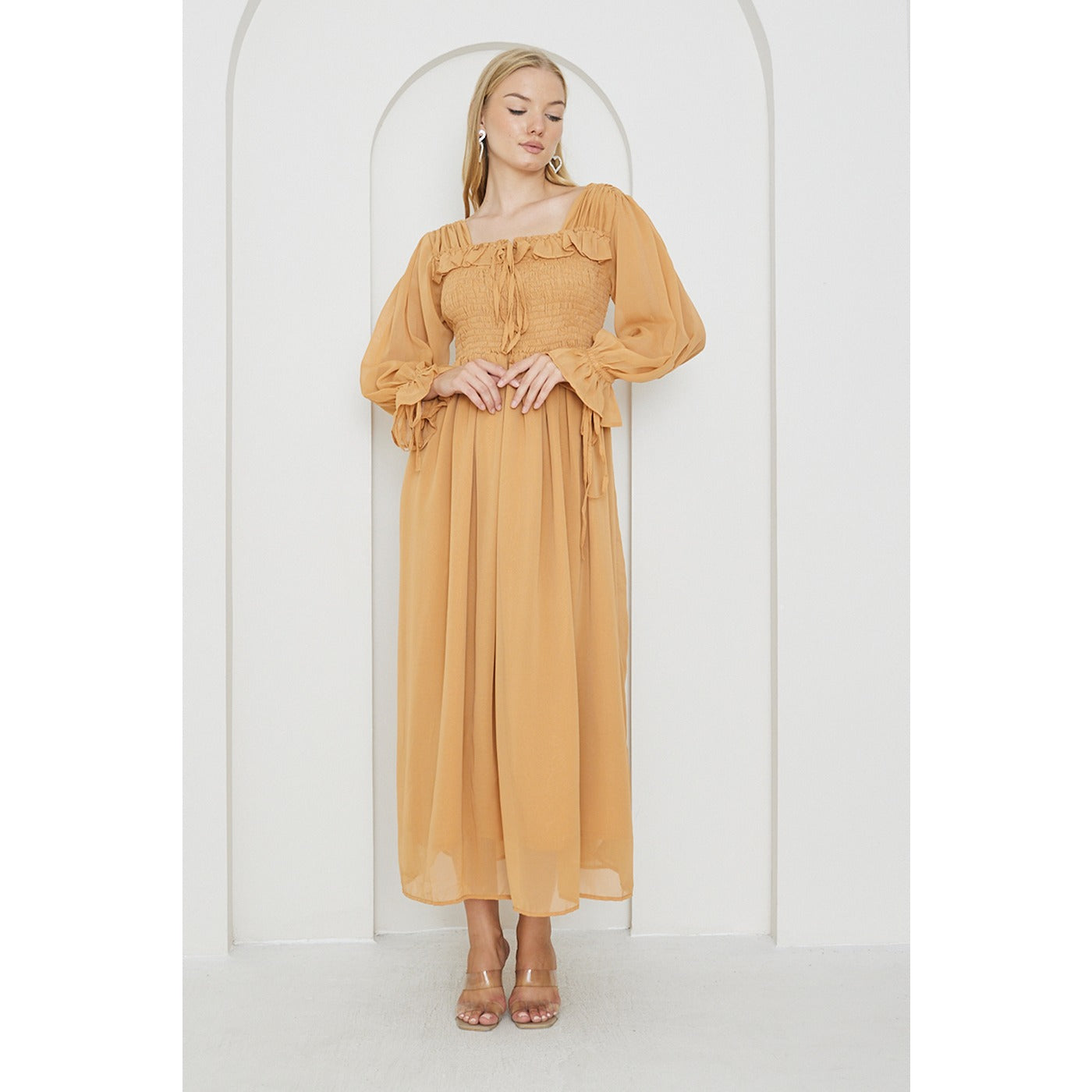 Mustard Chiffon Square Collar Dress | Montivo Pakistan