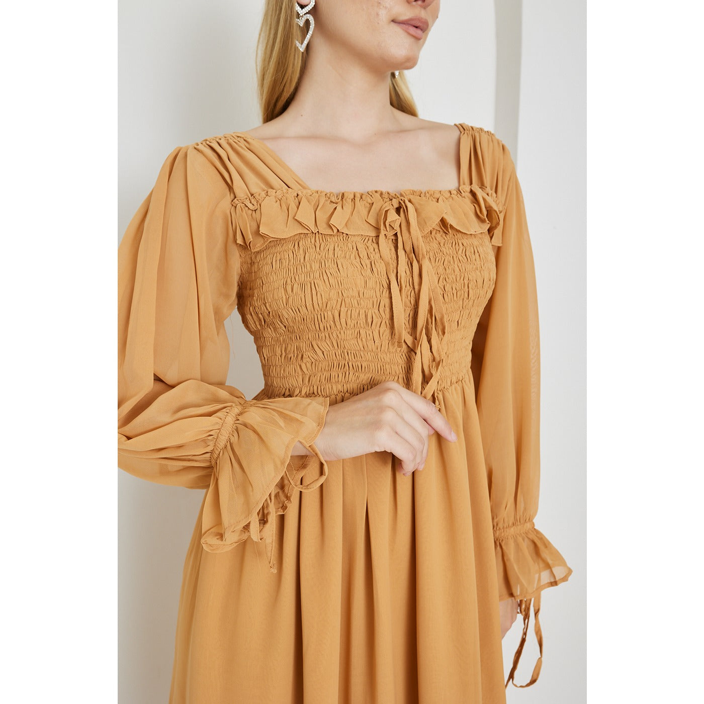 Mustard Chiffon Square Collar Dress | Montivo Pakistan