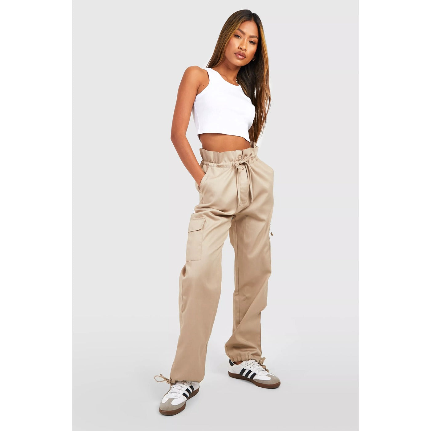 Beige Paper Bag High Waist Cargo Trousers | Montivo Pakistan
