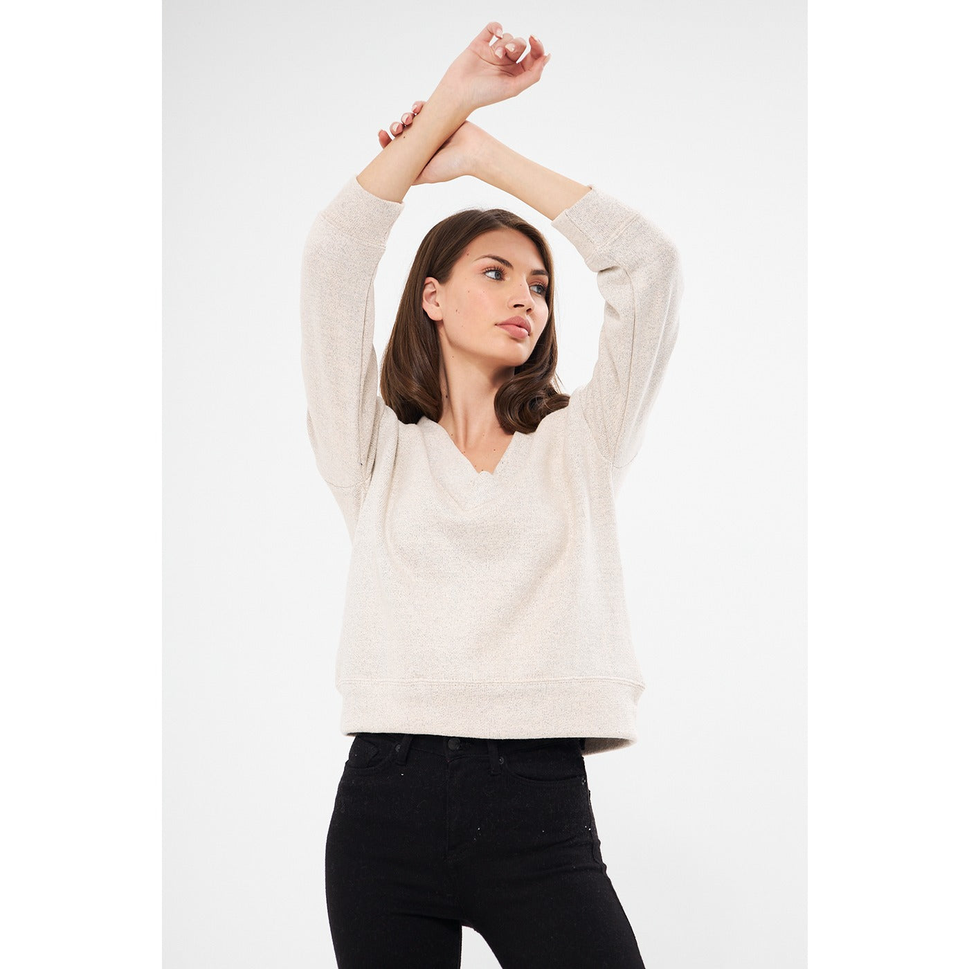 Cream V Neck Melange Sweatshirt | Montivo Pakistan