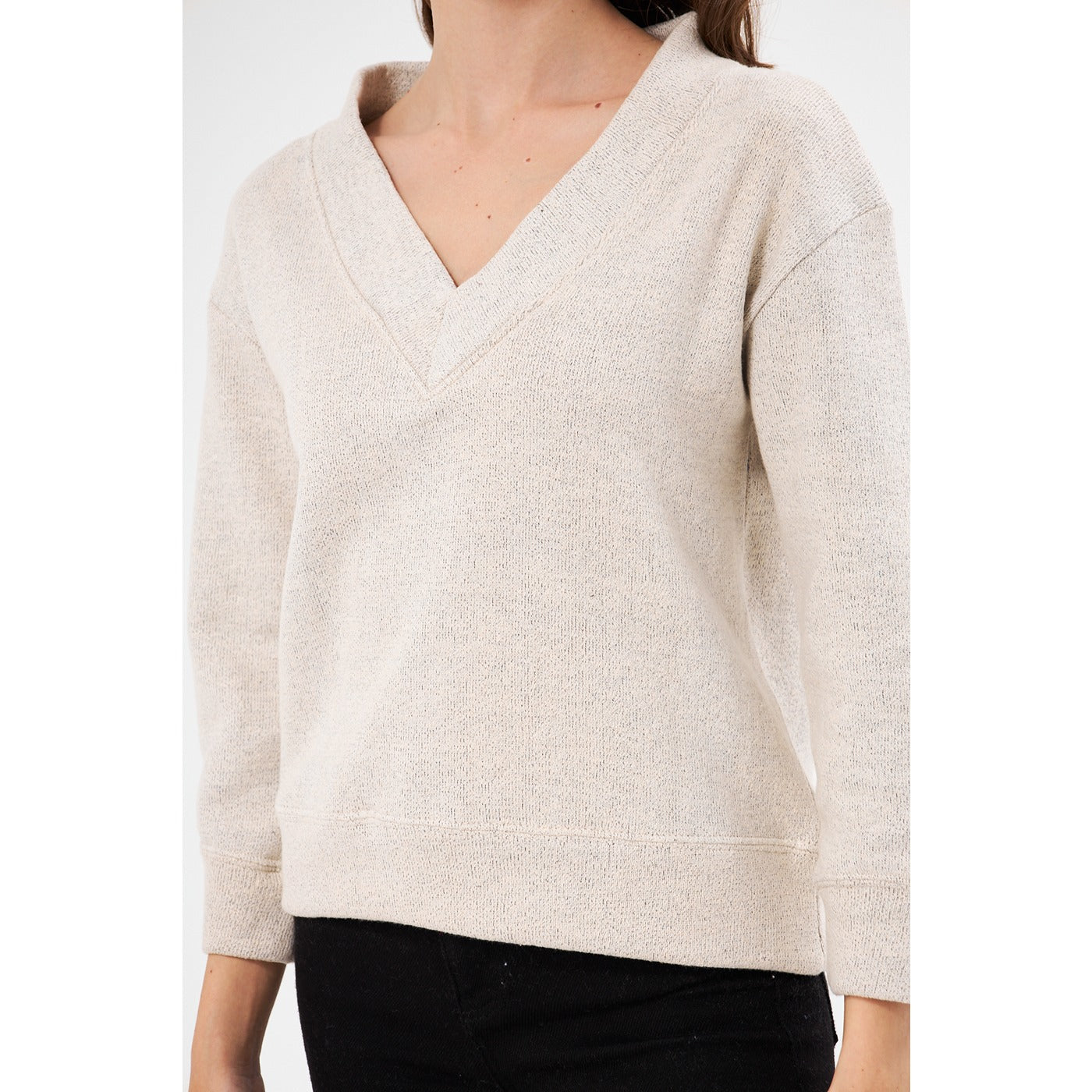 Cream V Neck Melange Sweatshirt | Montivo Pakistan
