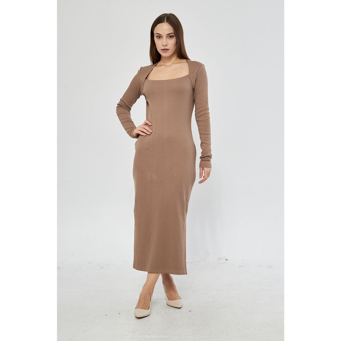 Coffee Swan Neck Side Slit Bodycon Dress | Montivo Pakistan