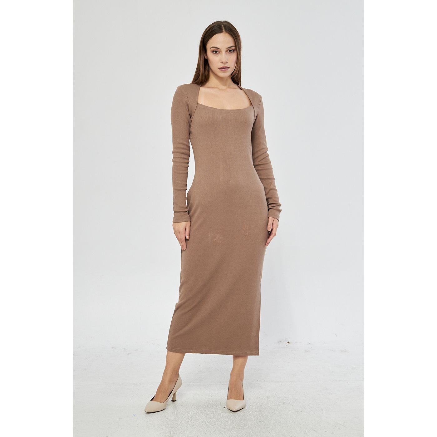 Coffee Swan Neck Side Slit Bodycon Dress | Montivo Pakistan