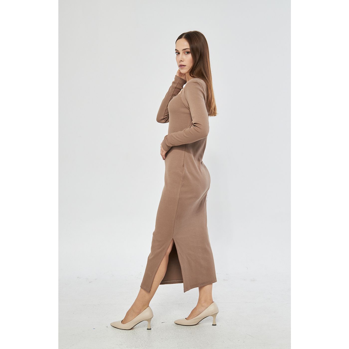 Coffee Swan Neck Side Slit Bodycon Dress | Montivo Pakistan