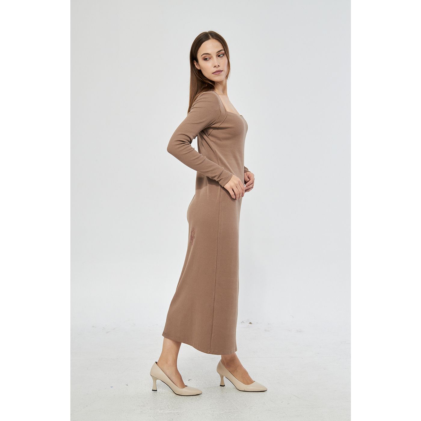 Coffee Swan Neck Side Slit Bodycon Dress | Montivo Pakistan